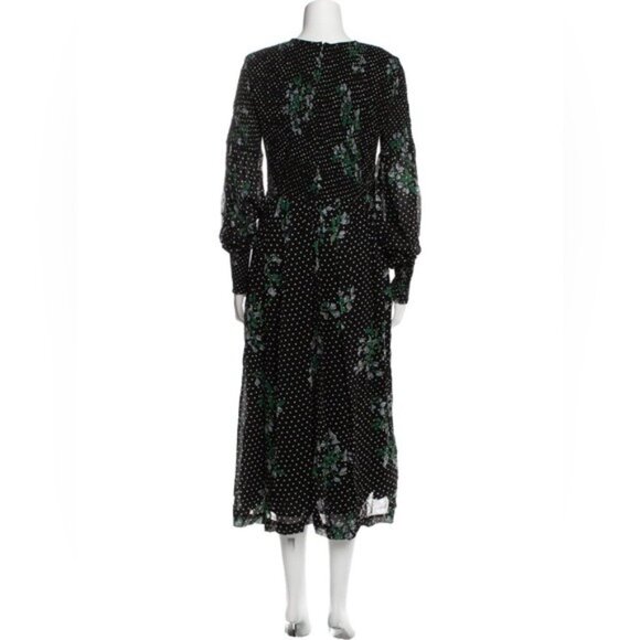 GANNI The Vikki Shirred‎ Printed Chiffon Midi Dress with Pockets - Black - Picture 5 of 12